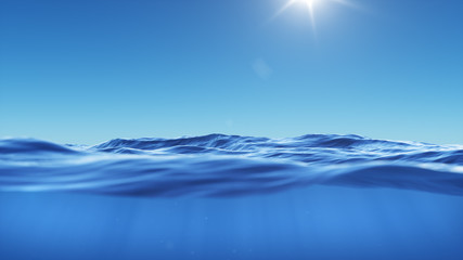 Ocean or sea in half water half sky. Rays of sunlight shining from above penetrate deep clear blue water. Realistic dark blue ocean surface. View - half of the sky, half water. 3D rendering © YustynaOlha