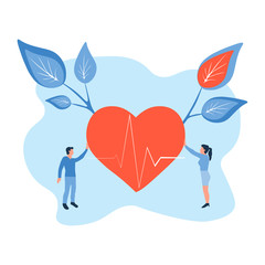 Healthcare workers on health protection, treatment of diseases and saving human lives. Flat isolated vector illustration of people, doctors, physicians, heart in cartoon style. 