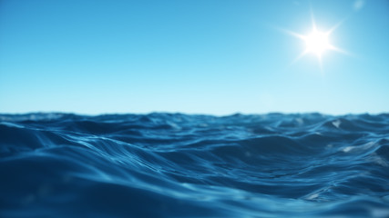Niedrige Winkelsicht der Meereswelle. Hintergrund des Ozeanwassers. Ansicht von unten, Blick auf einen klaren blauen Himmel mit der Sonne. Meeres- oder Ozeanwellen-Nahaufnahme. Schönes blaues sauberes Wasser. 3D-Rendering © YustynaOlha