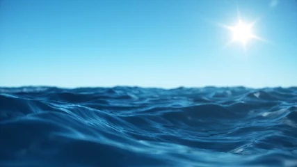 Niedrige Winkelsicht der Meereswelle. Hintergrund des Ozeanwassers. Ansicht von unten, Blick auf einen klaren blauen Himmel mit der Sonne. Meeres- oder Ozeanwellen-Nahaufnahme. Schönes blaues sauberes Wasser. 3D-Rendering © YustynaOlha