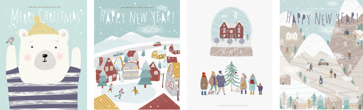 Winter holidays! Vector cute illustrations of nature, landscape, animal bear, houses, trees, family and people at the rink for the New Year and Christmas background