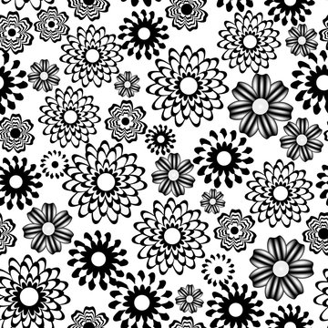 Seamless pattern, flowers with white and black petals on a white background
