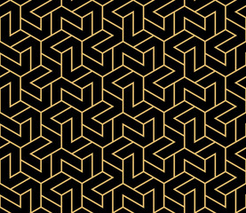 Abstract geometric pattern with stripes, lines. Seamless vector background. Gold and black ornament. Simple lattice graphic design
