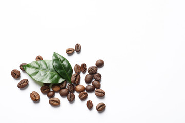 Fresh green coffee leaves and beans on white background, top view