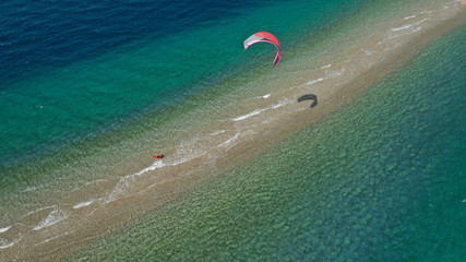 Aerial drone photo of popular to kite surfers sand bar and beach of Drepano, Achaia, Patra, Greece