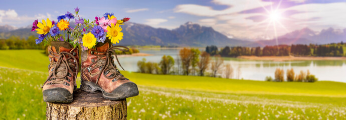 Wanderschuhe mit Blumen in schöner bayerischer Landschaft