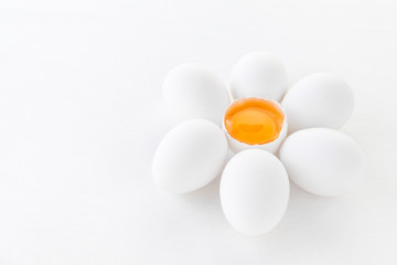 fresh white eggs with yolk on white background, closeup