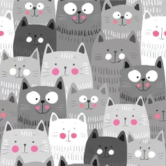 Vlies Fototapete Kinderzimmer Nette Katzen, bunter nahtloser Musterhintergrund mit Katzen