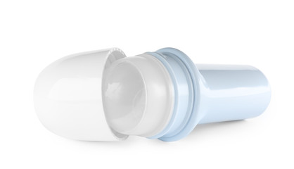 Open plastic deodorant container on white background