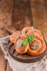 Baking with meat . High-calorie pastries for a delicious snack. Traditional pastries from Russia. Rustic homemade food.