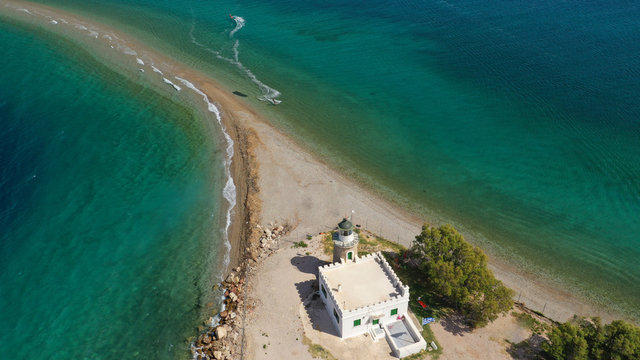 Aerial drone photo of popular to kite surfers sand bar and beach of Drepano, Achaia, Patra, Greece