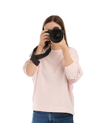 Professional photographer taking picture on white background