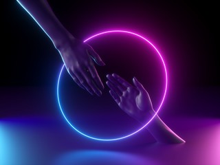 3d render, abstract minimal neon background, mannequin hands interacting, ultraviolet light, pink blue glowing round frame, fashion concept, virtual reality