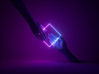 3d render, abstract minimal neon background, mannequin hands interacting, pink blue glowing geometric square shape, ultraviolet light, fashion concept, virtual reality - obrazy, fototapety, plakaty