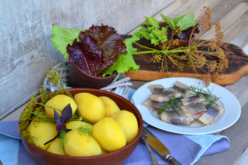 Salted herring with onions and dill served with boiled potatoes. Rustic style