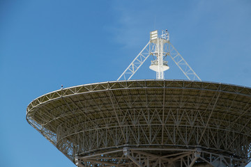 white radio telescope against the sky