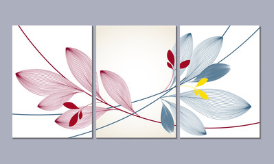 A set of three wall paintings, canvas for the living room. Poster element for interior design of a dining room, bedroom, office. Abstract floral background wiht abstract leaves.Home decor of the walls