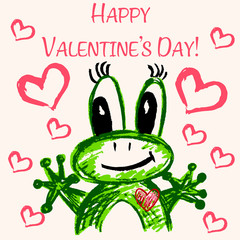 Cute illustration, postcard. Greeting card with hearts and cute animals. Happy Valentine's Day. Frog in love
