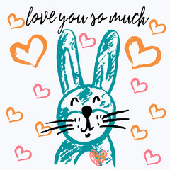 Obraz premium Cute illustration, postcard. Greeting card with hearts and cute animals. Happy Valentine's Day