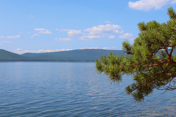 Nice view of the lake and mountains. Wonderful panorama. Background. Landscape.