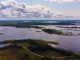 View on Braslav lakes, Belarus. Natural attractions of Belarus (panoramic view). Aerial shooting with drone.
