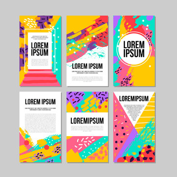 Set of brush strokes colorful trendy card. Hand drawn creative flayers, abstract design poster, cover, design. Vector illustration. Lorem ipsum.