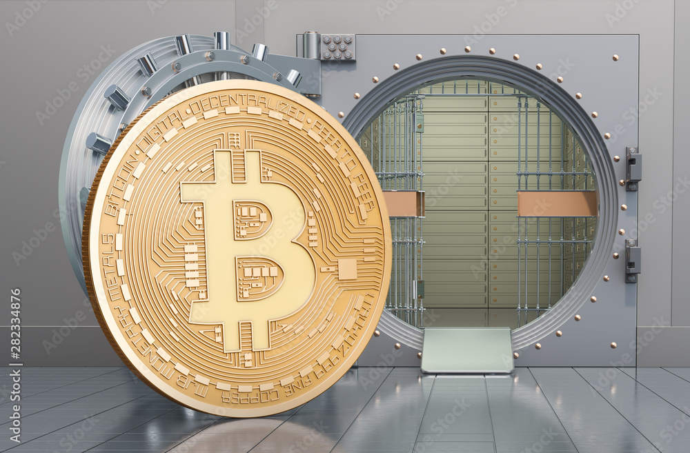Poster bitcoin with opened bank vault, 3d rendering