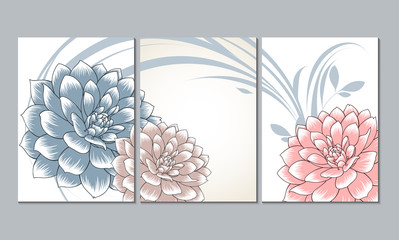 A set of 3 canvases for wall decoration in the living room, office, bedroom, kitchen, office. Home decor of the walls. Floral background with flowers of dahlias. Element for design. 