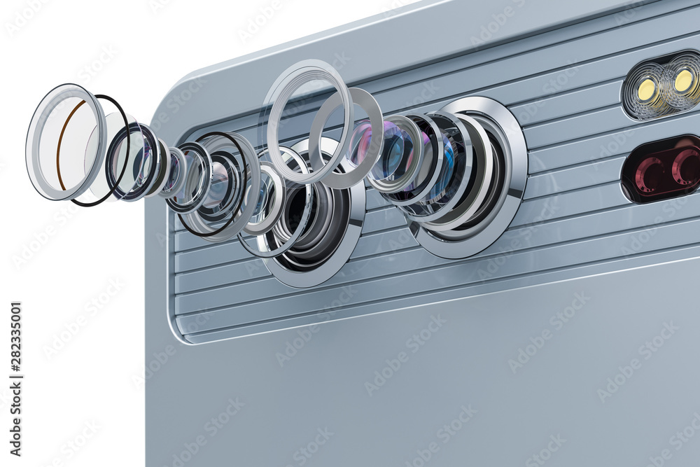 Poster disassembled smartphone camera, modern lens of smartphone camera structure. 3d rendering