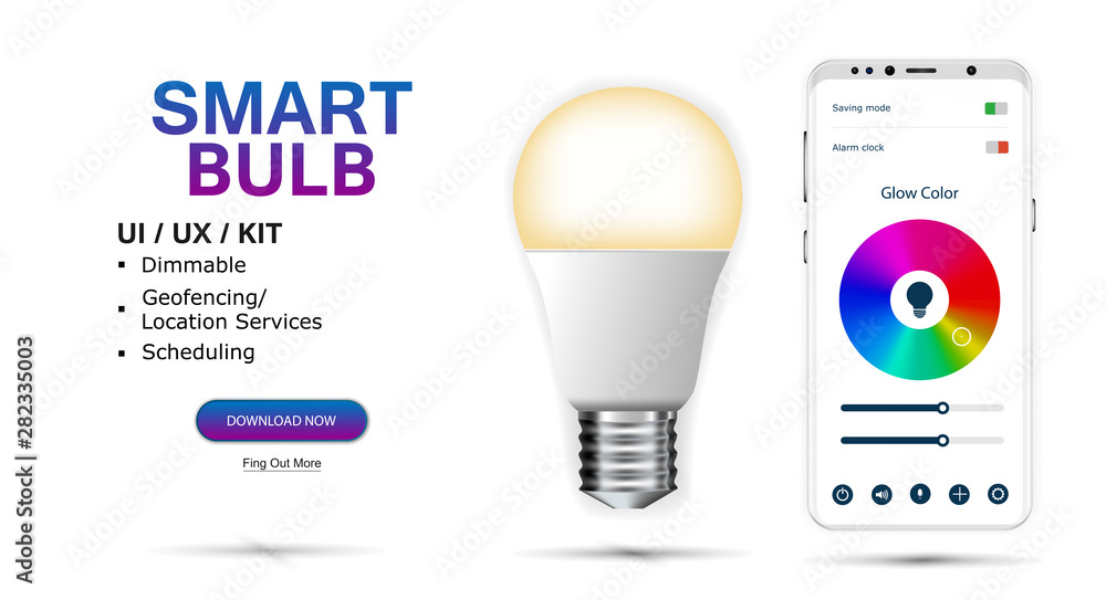 Poster Smart Bulb controlled by smartphone. Hue app on phone used to control smart lamp in smart home system. Bulb and Smartphone with user interface via wi-fi. UI, UX, KIT app. Vector illustration 
