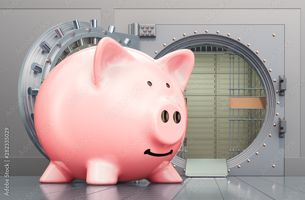 Poster piggy bank with opened bank vault, 3d rendering