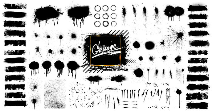 Black paint isolated collection. Ink brush strokes, brushes, splashes, lines. Dirty artistic design elements, great elaboration, spray graffiti stencil. Paint splatter blotches. Grunge vector