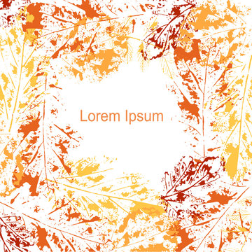 Autumn print leaves background, Lorem Ipsum. Orange yellow oak, mulberry, hazelnut vein leaves on white stock vector illustration for web, for print