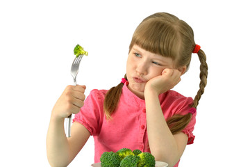 child, kid, does not like broccoli white isolated background