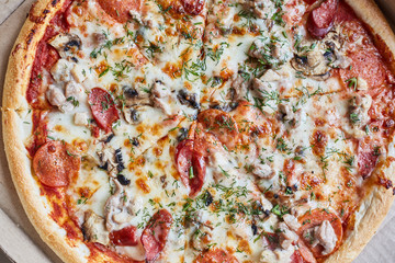 Hot and fresh pizza Margherita close-up. 