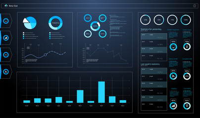 Infographic dashboard. Ui interface, information panel with finance graphs, pie chart and comparison diagrams. Minimalistic infographic template with flat design daily statistics graphs. Vector