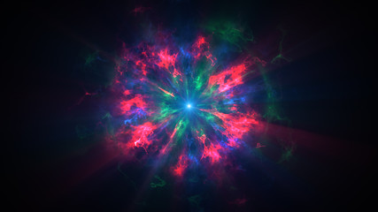 Colorful shock wave consisting particles. VFX elements, Graphic Elements. Light beam, shine through the clouds, dust, nebulae of outer space. 3D Rendering