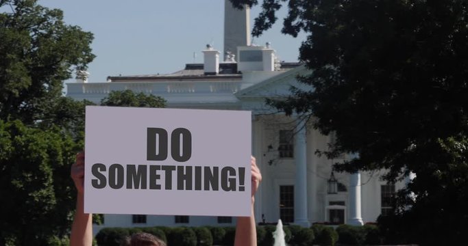 A man holds a DO SOMETHING protest sign in front of the White House on a sunny summer day.	 	