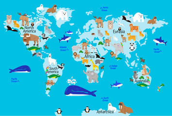 Animal map for kid. World vector poster for children, cute illustrated. Preschool cartoon globe with animals. Oceans and continent: South America,Eurasia,North America,Africa, Australia.Baby world map