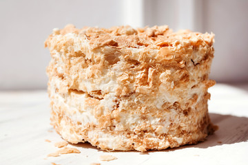 Homemade Napoleon Cake. Menu for cafe, delicious puff dessert.