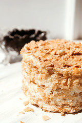 Homemade Napoleon Cake. Menu for cafe, delicious puff dessert. Vertical photo.