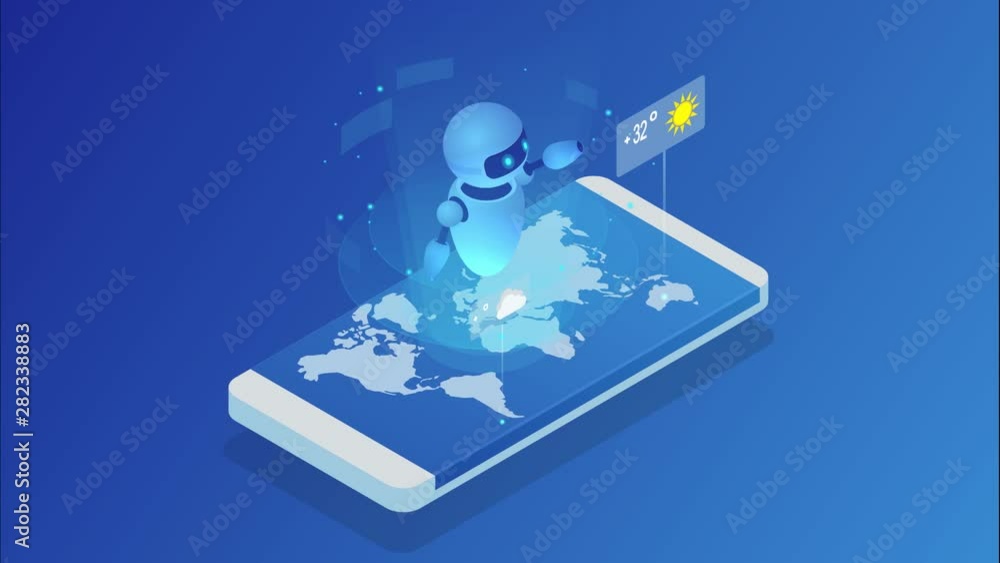 Poster live chatbot tells the weather forecast. isometric online weather forecast widget mobile application