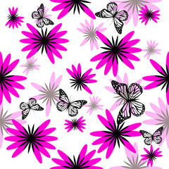 A seamless floral background with butterflies. Vector illustration