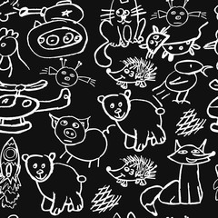 Cute children's drawing. Colored wax crayons. Icons, signs, symbols, pins