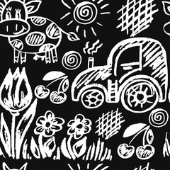 Cute children's drawing. Colored wax crayons. Icons, signs, symbols, pins