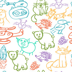 Cute children's drawing. Wax crayons. Icons, signs, symbols, pins