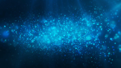 Blue shiny glowing glitter background. Dust, particles blue, cyan colored on dark background. Christmas, festive, greeting pattern.
