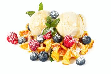 belgian waffles with ice cream and berries
