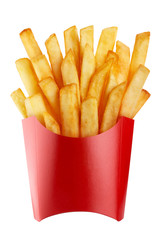 Delicious french potato fries in a red carton package box, isolated on white background