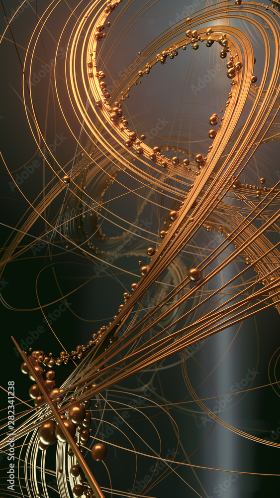 Poster Weave luxury gold lines with shiny beads. Astract composition. 3d rendering